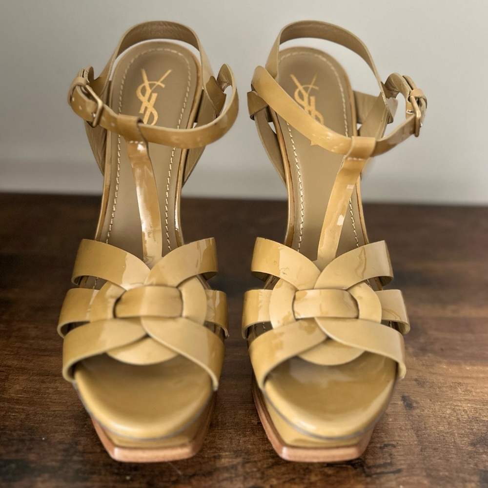 Yves Saint Laurent Camel Tribute Platform Sandals in Smooth Leather